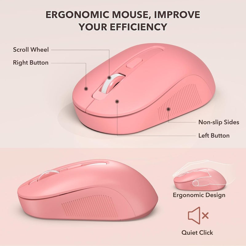 SABLUTE Wireless Keyboard and Mouse Combo, Retro Keyboard with Round Keycaps, Full-Size Typewriter Style Keyboard with Detachable Wrist Rest, 2.4GHz Only Cordless Connection for Windows/PC/Laptop (Baby Pink) - Image 5